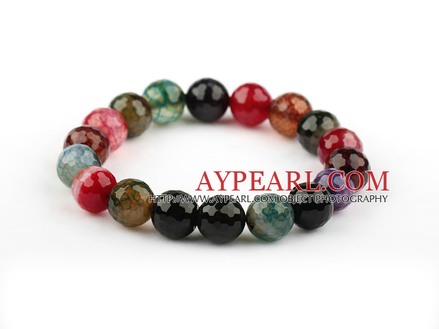 10mm Round Natural Faceted Multi Color Burst Pattern Agate Elastic Bangle Bracelet