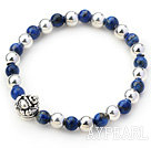 Wholesale Round Lapis and Silver Beads Stretch Bangle Bracelet with Silver Laugh Buddha Accessory