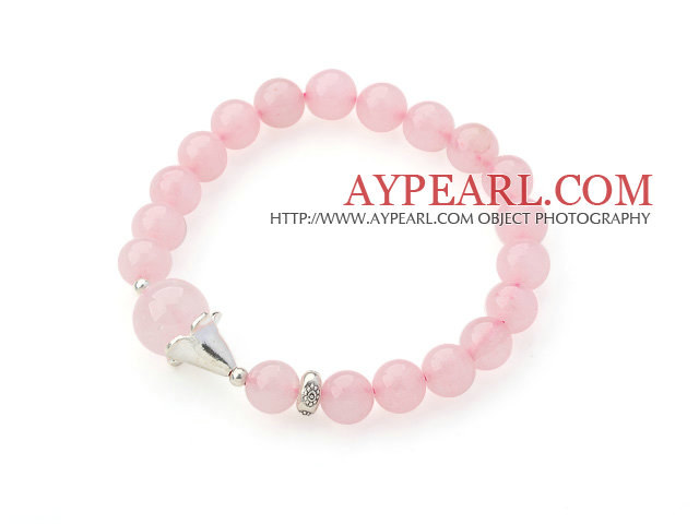 8mm Round Rose Quartz Stretch Bangle Bracelet with Silver Flower Accessory