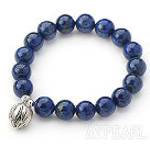 10mm Round Lapis Stretch Beaded Bangle Bracelet with Sterling Silver Lotus