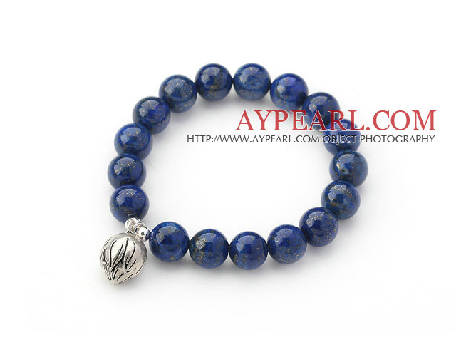 10mm Round Lapis Stretch Beaded Bangle Bracelet with Sterling Silver Lotus