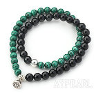 Black Agate and Malachite Beaded Wrap Bangle Bracelet with Silver Lotus Seedpod