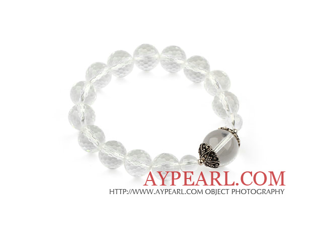 Natural Faceted Clear Crystal Elastic Bangle Bracelet with Sterling Silver Accessory