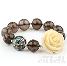 Natural Faceted Smoky Quartz and Mosaic Abalone Shell and Rose Flower Elastic Bangle Bracelet