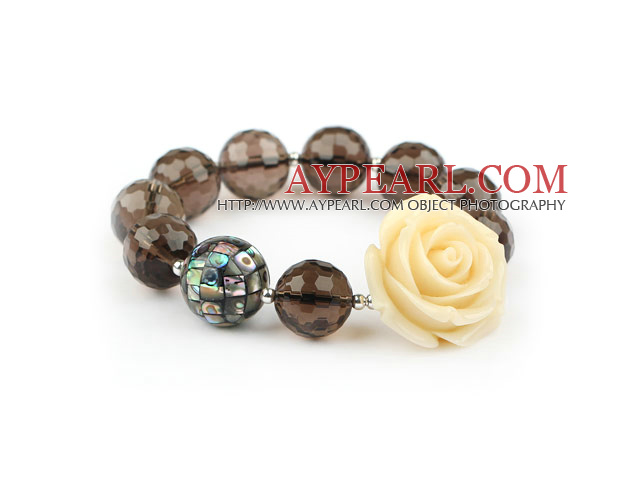 Natural Faceted Smoky Quartz and Mosaic Abalone Shell and Rose Flower Elastic Bangle Bracelet
