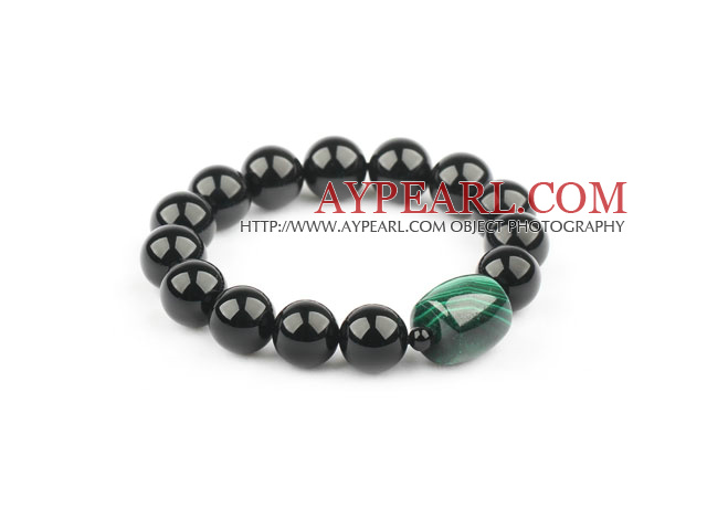 Natural Black Agate and Malachite Elastic Bangle Bracelet