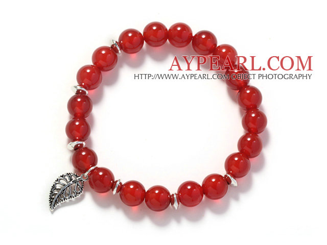 A Grade 8mm Red Carnelian and Silver Leaf Accessory Stretch Bangle Bracelet