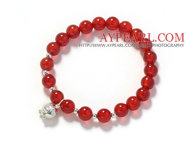 A Grade Round Carnelian and Silver Pig Shape Accessory Stretch Bangle Bracelet