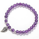 Wholesale Round 6mm Amethyst and Silver Leaf Accessory Stretch Bangle Bracelet