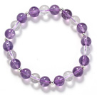 Wholesale Assorted 8mm Round Amethyst and Clear Crystal Beaded Stretch Bangle Bracelet