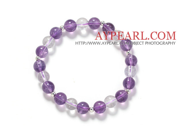 Assorted 8mm Round Amethyst and Clear Crystal Beaded Stretch Bangle Bracelet