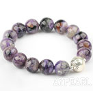Wholesale 12mm Round Natural Charoite Elastic Bangle Bracelet with Sterling Silver Beads
