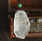 Classic Dull-Polished White Crystal Buddhu Pendant Necklace With Green Agate (Adjustable Cords)
