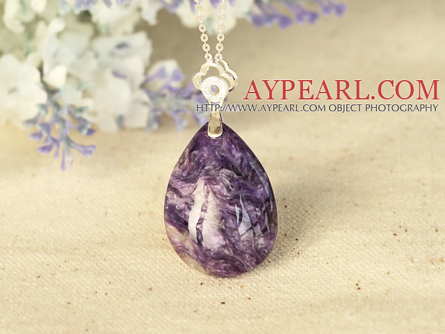 Classic Drop Shape Charoite Pendant Necklace With 925 Sterling Silver Chain Accessories