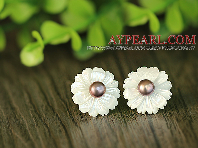 Fashion Pearl and White Shell Flower Studs Eearrings With Sterling Silver Accessories