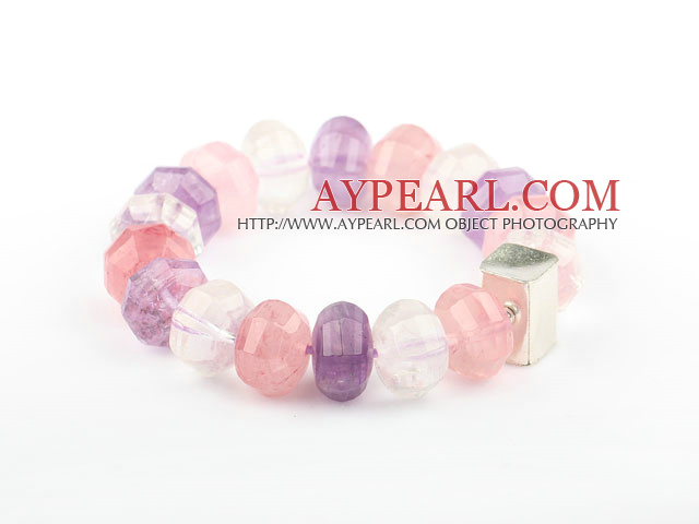 Pink Series Natural Rose Quartz and Amethyst and Clear Crystal Elastic Bangle Bracelet with Thailand Silver Accessory