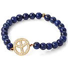Fashion Round Lapis Stone Beaded Stretch Bangle Bracelet With Gold Plated And Inlayed Zircon Circular Ring