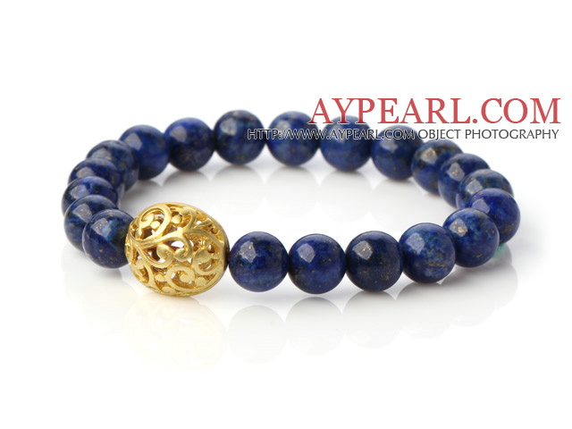 Fashion 8mm Round Lapis Stone Beaded Stretch Bangle Bracelet With Hollow Golden Ball