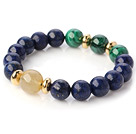 Wholesale Fashion Round Lapis Malachite And Gold Rutilated Quartz Beads Stretch Bangle Bracelet With Golden Spacers