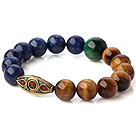 Wholesale Fashion Round Lapis And Double Color Tiger Eye Stretch Bangle Bracelet With Tibetan Type Beads