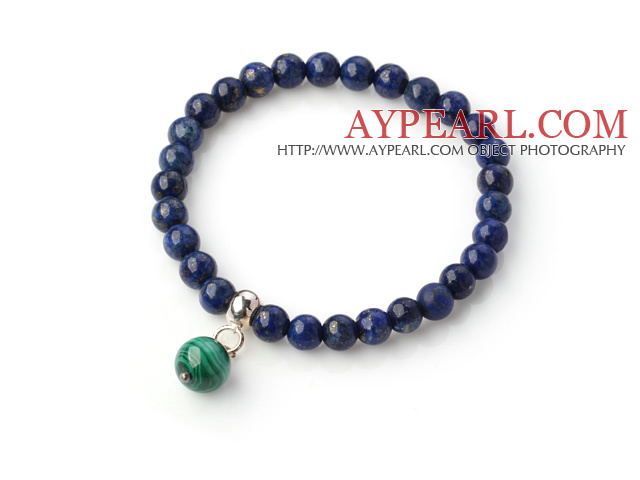Fashion Round Lapis Beaded Stretch Bangle Bracelet With Malachite Pendant