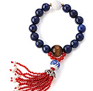 Wholesale Fashion Round Lapis Tiger Eye And Lotus White Shell Beads Stretch Bracelet With Red Agate Tassels