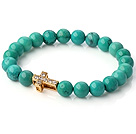 Popular Round Green Turquoise Beaded Stretch Bracelet With Gold Plated And Inlayed Zircon Cross