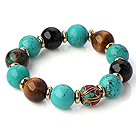 Fashion Round Xinjiang Green Turquoise Tiger Eye And Black Agate Beaded Stretch Bracelet