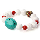 Wholesale Fashion Round Red Coral Green Turquoise And White Lotus Shell Beads Stretch Bracelet With Tibetan Charm