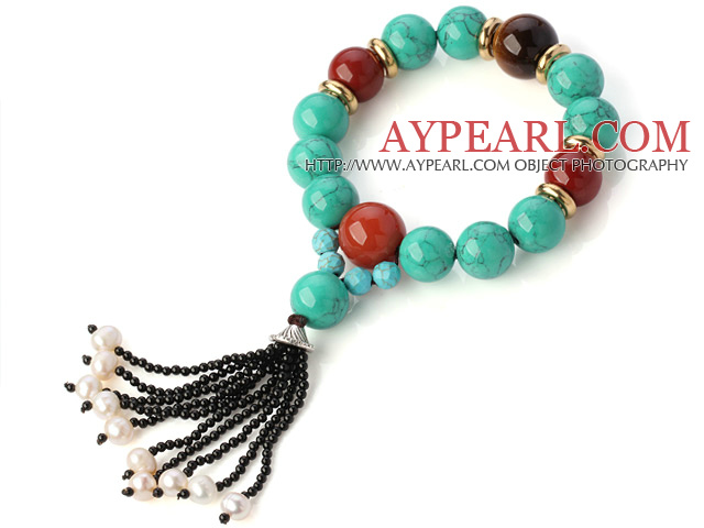 Pretty Round Xinjiang Green Turquoise Red Stone White Pearl And Black Agate Tassel Stretch Bracelet
