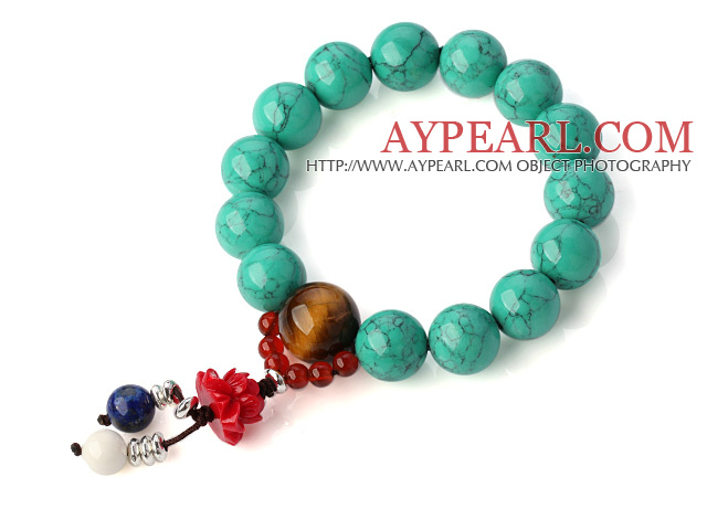Pretty Round Xinjiang Green Turquoise Tiger Eye Red Agate And Lotus Lapis White Shell Stretch Bracelet