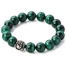 Nice Natural Round 10mm Malachite Beads Elastic Bracelet With 925 Sterling Silver Elephant