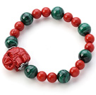 Fashion Natural Round Malachite And Taiwan Red Coral Beaded Bracelet With Red Cinnabar Elephant