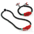 Wholesale Natural Red Coral and Black Agate Set ( Necklace and Matched Bracelet )