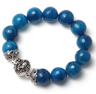 Fashion Single Strand Blue Faceted Agate Bracelet With 925 Sterling Silver Buddha Accessory