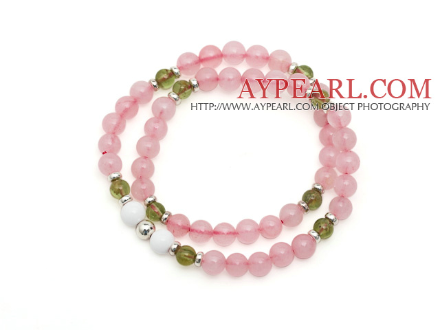 Lovely Fashion Natural Brazil Rose Quartz And Olivine And Sterling Silver Beads Double Strands Elastic Bracelet