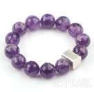 Wholesale 14mm Round Faceted Natural Amethyst Beaded Elastic Bangle Bracelet with Thailand Silver Accessory