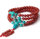 Gorgeous Fashion Multi Strands Red Agate And Blue Turquoise 108 Beads Rosaty/Prayer Bracelet