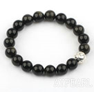 Wholesale 10mm Natural Obsidian Elastic Bangle Bracelet with Sterling Silver Accessory