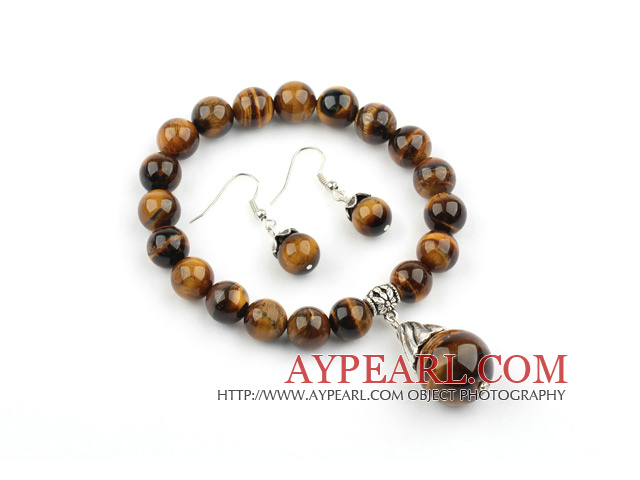 Classic Design Tiger Eye Set ( Beaded Elastic Bracelet and Matched Earrings )