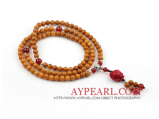 Natural Old Yellow Jade Prayer Bracelet with Sterling Silver Accessories and Lotus Accesory and Carnelian (Rosary Bracelet 108 Beads)