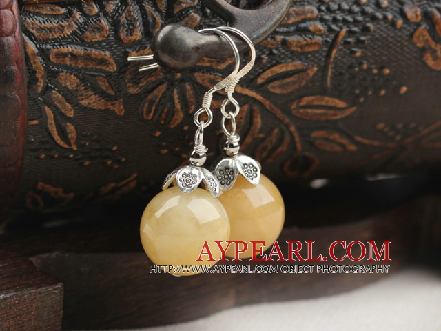 12mm Natural Yellow Jade Earrings with 925 Sterling Silver Hooks