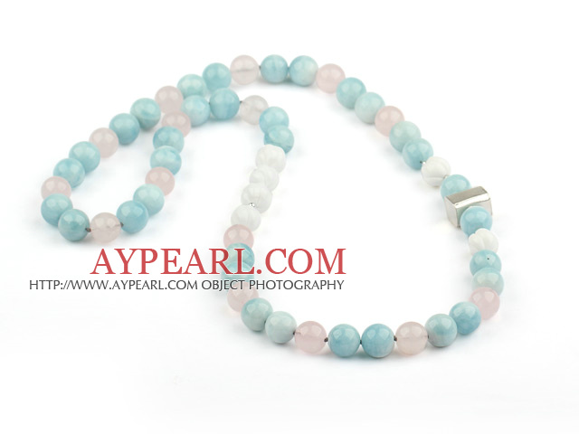 Natural Aquamarine and Rose Quartz and Carved White Sea Shell Necklace with Sterling Silver Accessory