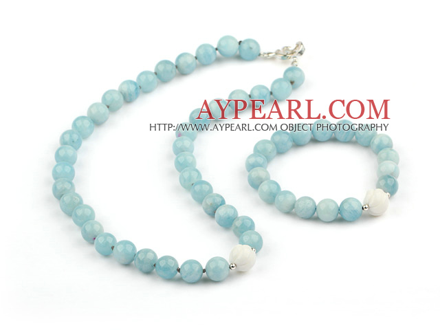 Natural Aquamarine and Carved White Sea Shell Set ( Necklace and Matched Bracelet )