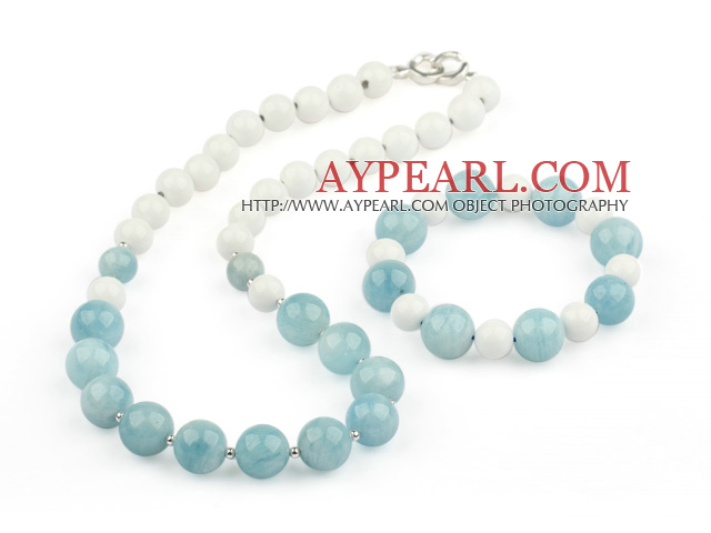 Natural Aquamarine and White Sea Shell Set ( Necklace and Matched Bracelet )