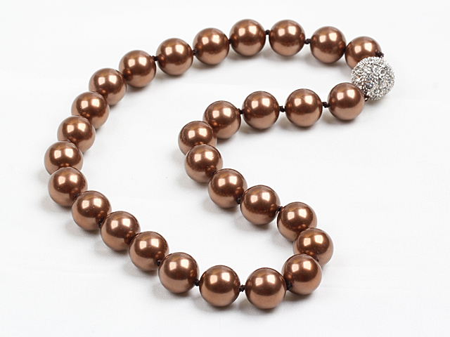 14mm Coffee Color Round Sea Shell Beaded Necklace with Magnetic Clasp
