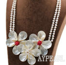 Shining Style Black Freshwater Pearl and White Lip Shell Flower and Red Coral Necklace