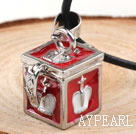 Fashion Style Red Color Square Shape Wish Box Metal Pendant Necklace with Leather Thread