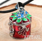 Fashion Style Red Color Cylinder Shape Wish Box Metal Pendant Necklace with Leather Thread