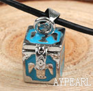 Fashion Style Blue Color Square Shape Wish Box Metal Pendant Necklace with Leather Thread